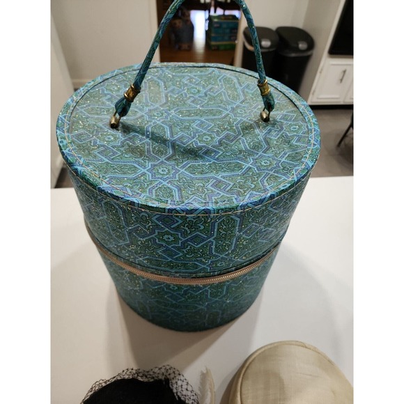 VTG Wig Box Travel Case w Handle Green blue mid century round with zipper main image 12